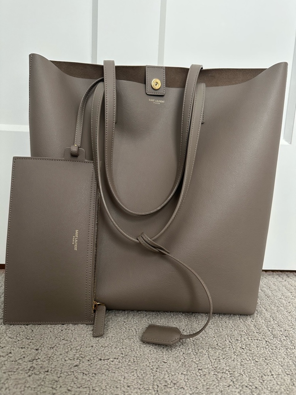 Yves Saint Laurent North/South Leather Shopping Tote, Greyish Brown